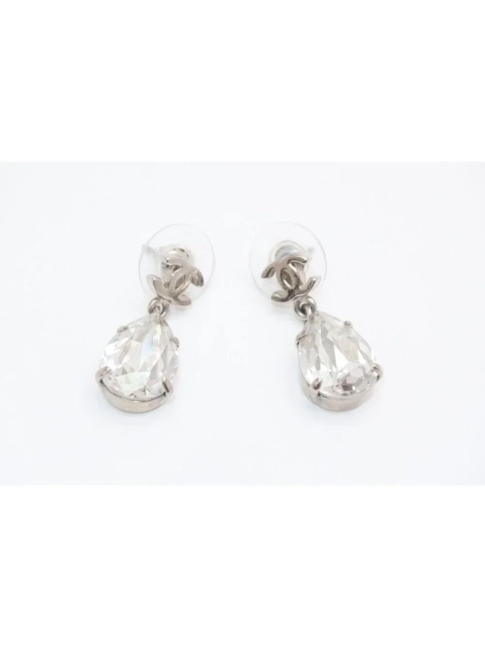 Chanel CC Logo Drop Shape Large Rhinestone Earrings Metal